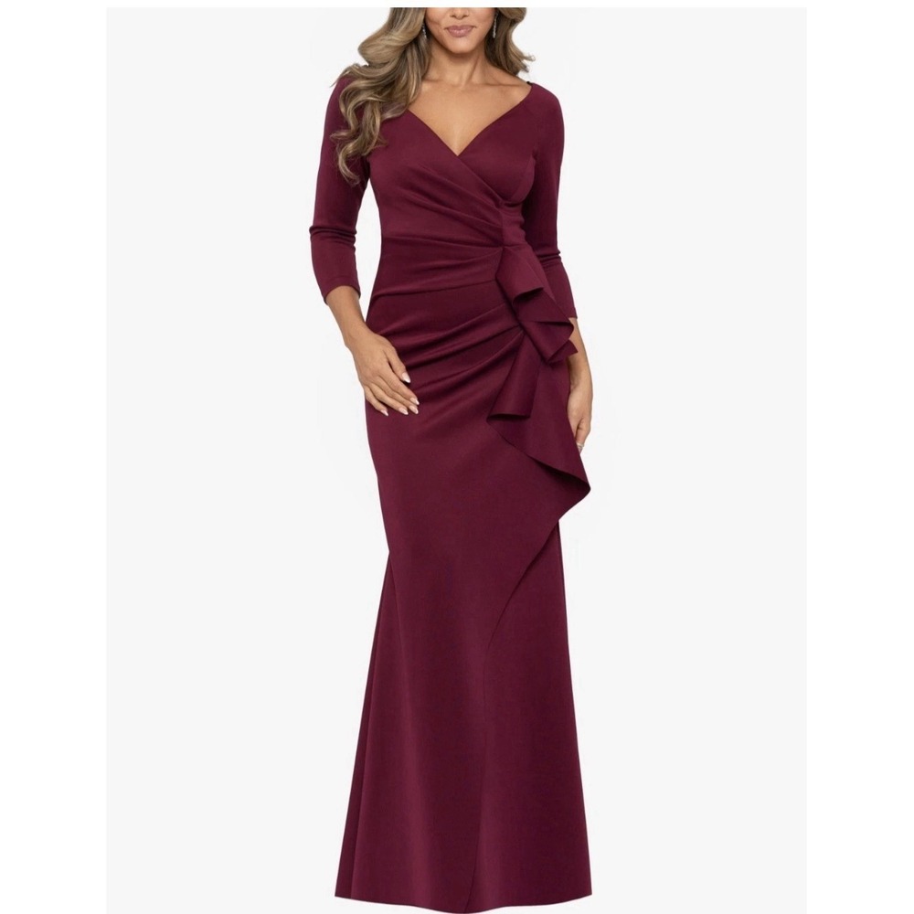 NWT $248 XSCAPE Ruched Scuba Knit Ruffle Gown in Wine Size 4 4452X